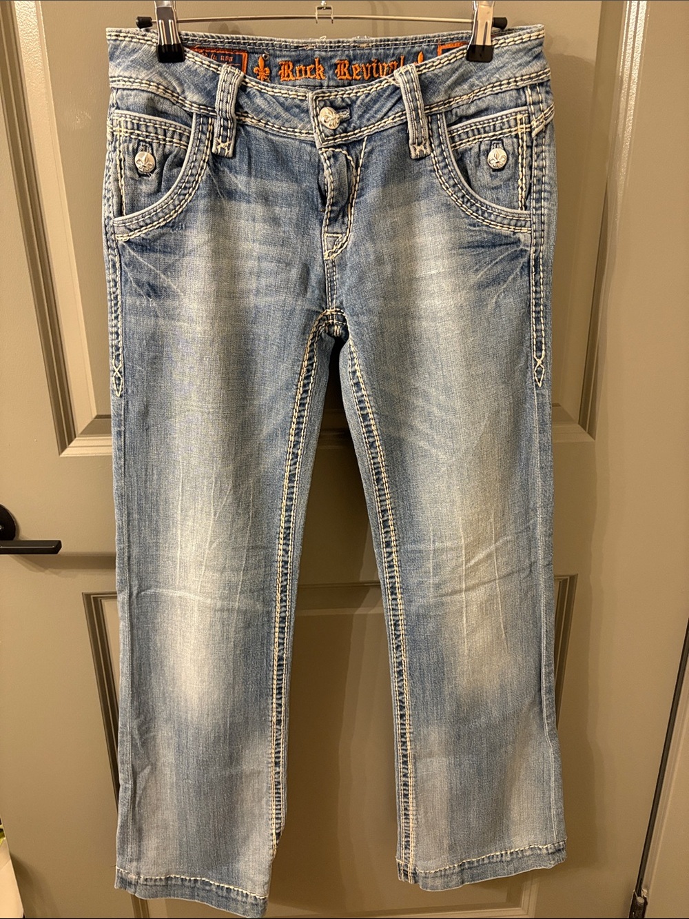 Rock Revival Elizabeth Wide Leg Light Wash Jeans with Contrast Stitching